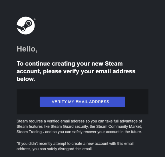 Steam account Email confirm